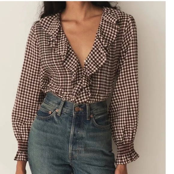 Doen Tops - Doen Brown and White Gingham Ruffle Blouse
